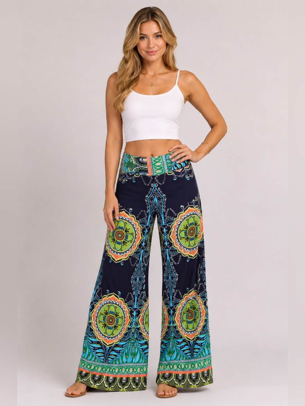Yetts Los Angeles Bohemian Wide-Leg Printed Palazzo Pants - Navy Multi